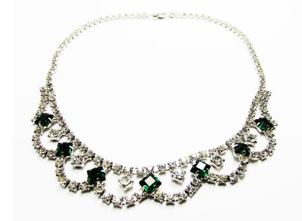 Vintage 1950s Mid-Century Emerald and Clear Diamante Festoon Necklace - Front