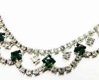 Vintage 1950s Mid-Century Emerald and Clear Diamante Festoon Necklace - Close Up - Thumbnail