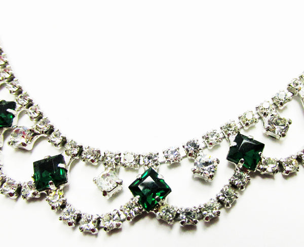 Vintage 1950s Mid-Century Emerald and Clear Diamante Festoon Necklace - Close Up