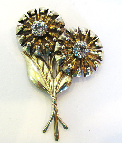 Vintage Jewelry 1940s Unique Mid-Century Rhinestone Floral Pin