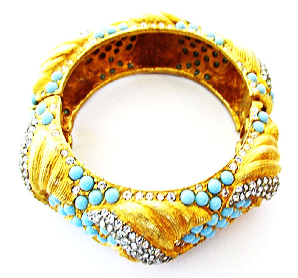 Vintage Jewelry 1960s Exquisite Turquoise Diamante Cuff Bracelet - Front
