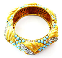Vintage Jewelry 1960s Exquisite Turquoise Diamante Cuff Bracelet - Front - Thumbnail