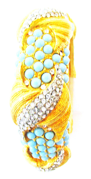 Vintage Jewelry 1960s Exquisite Turquoise Diamante Cuff Bracelet - Front