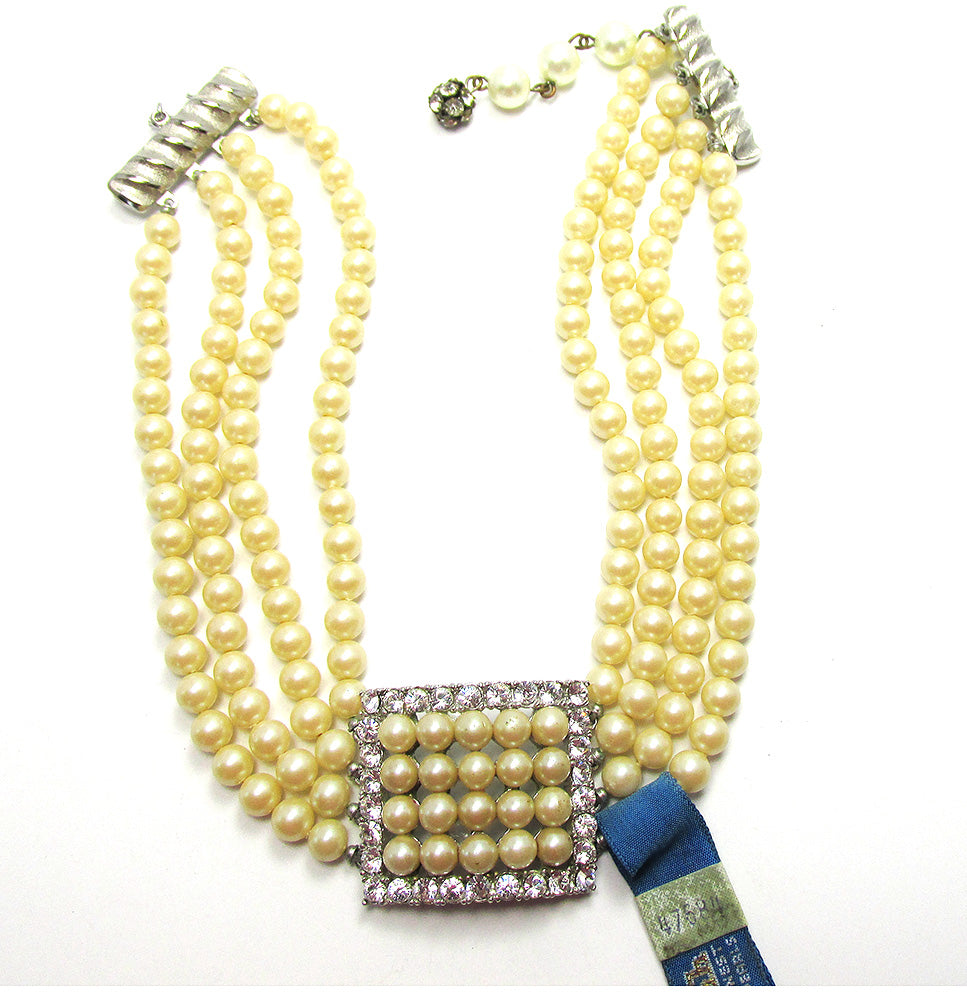 Deltah Vintage 1940s Rhinestone and Pearl Dog Collar Necklace - Front