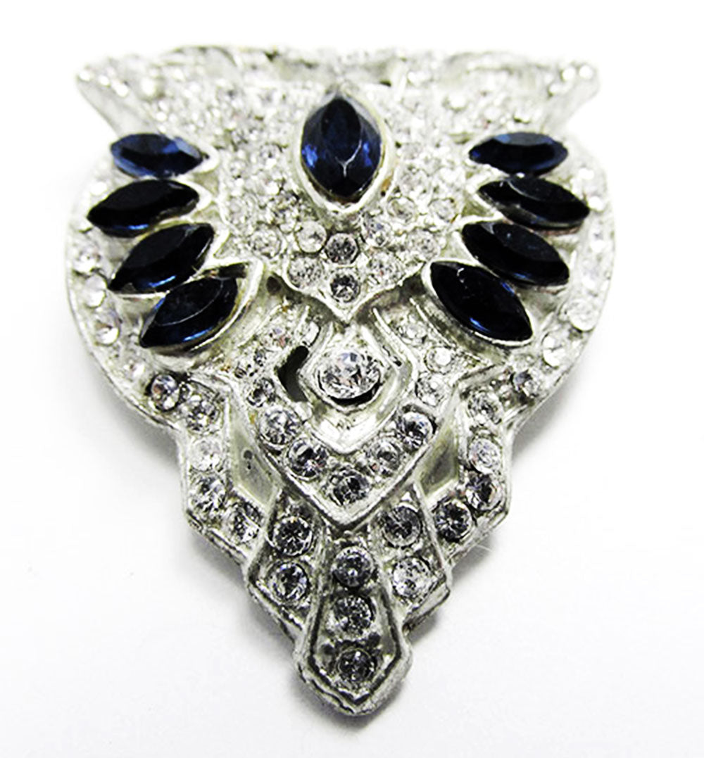 Vintage Costume Jewelry 1930s Art Deco Sapphire Diamante Dress Clip - Front