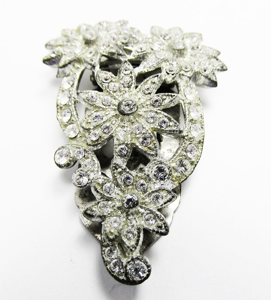 Vintage 1930s Sparkling Decorative Clear Diamante Floral Dress Clip - Front