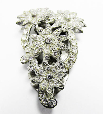 Vintage 1930s Sparkling Decorative Clear Diamante Floral Dress Clip - Front