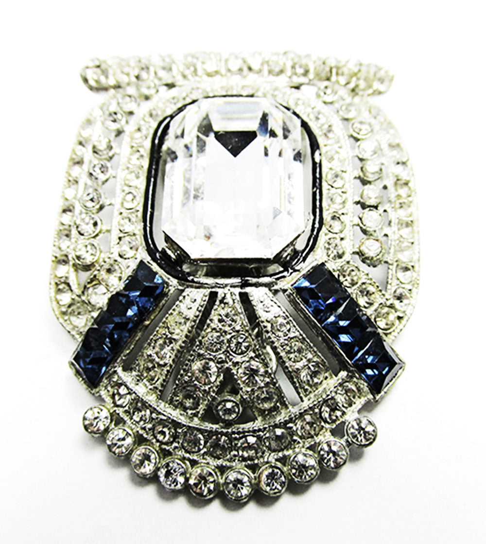 Vintage 1930s Costume Jewelry Sapphire Diamante Art Deco Dress Clip - Front