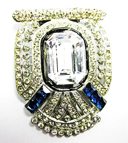 Vintage 1930s Costume Jewelry Sapphire Diamante Art Deco Dress Clip - Front