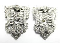 Sparkling 1930s Vintage Pair of Art Deco Clear Diamante Dress Clips - Front - Thumbnail