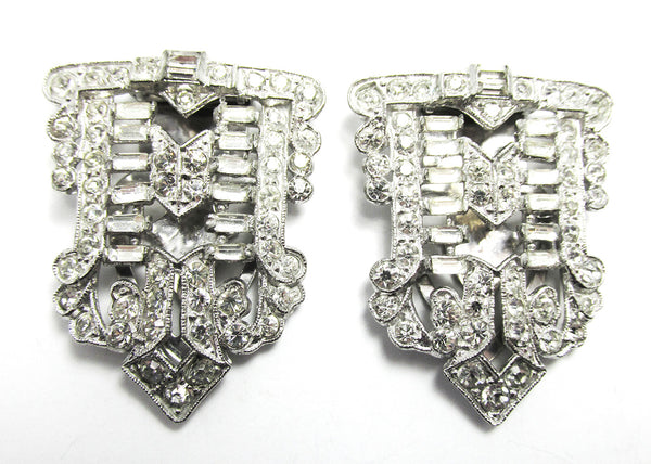 Sparkling 1930s Vintage Pair of Art Deco Clear Diamante Dress Clips - Front