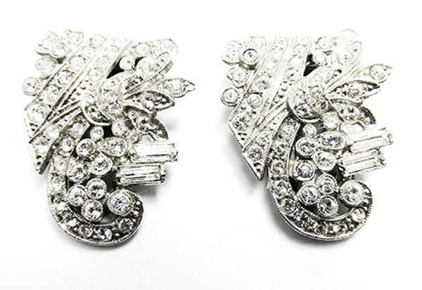 Vintage 1930s Jewelry Art Deco Eye-Catching Clear Diamante Duette  - Clip Fronts