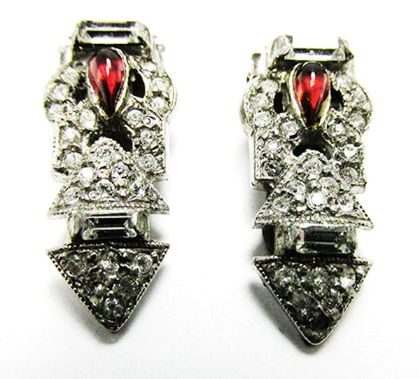 Vintage 1930s Jewelry Exquisite Art Deco Ruby Diamante Dress Clips - Front