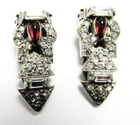 Vintage 1930s Jewelry Exquisite Art Deco Ruby Diamante Dress Clips - Front - Thumbnail