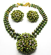 Vintage 1950s Unusual Pearl and Diamante Necklace and Earrings Set - Front - Thumbnail