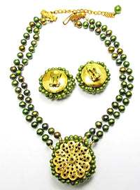 Vintage 1950s Unusual Pearl and Diamante Necklace and Earrings Set - Back - Thumbnail