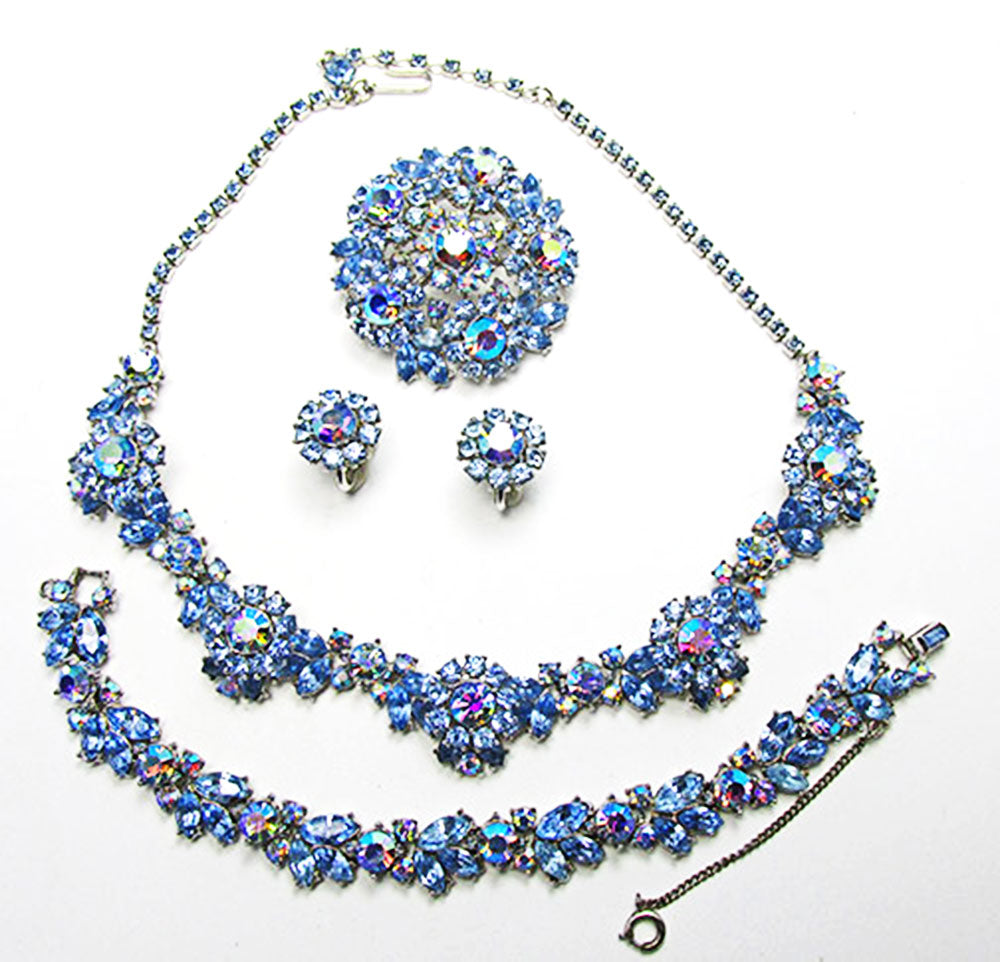 Crown Trifari 1950s Vintage Jewelry Sapphire Diamante Floral Set - Front