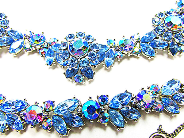 Crown Trifari 1950s Vintage Jewelry Sapphire Diamante Floral Set - Close Up