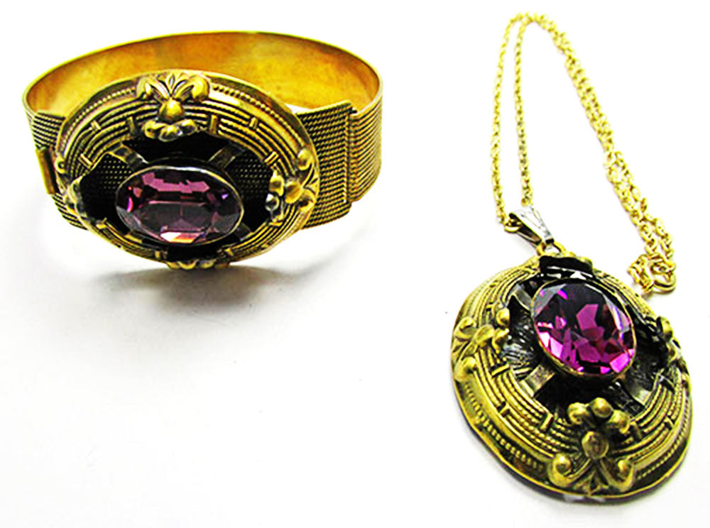 Antique 1900s Jewelry Art Nouveau Amethyst Bracelet and Pendant Set