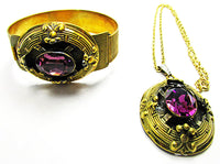 Antique 1900s Jewelry Art Nouveau Amethyst Bracelet and Pendant Set - Thumbnail