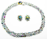 Vintage 1950s Jewelry Double Strand Gray Crystal Necklace and Earrings - Front - Thumbnail