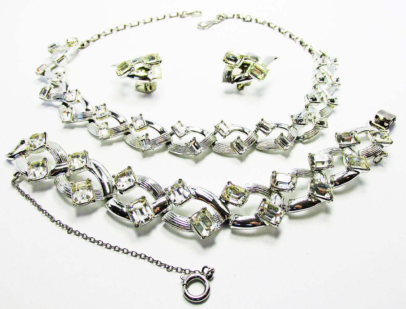 Coro 1960s Mid-Century Diamante Necklace, Earrings, and Bracelet Set - Front