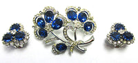 Signed Kramer Vintage Jewelry 1950s Diamante Floral Pin and Earrings - Front - Thumbnail