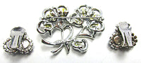 Signed Kramer Vintage Jewelry 1950s Diamante Floral Pin and Earrings - Back - Thumbnail