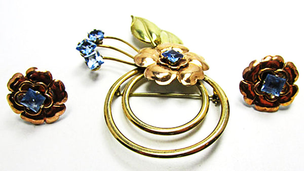 Harry Iskin 1940s Vintage Diamante Gold Filled Floral Pin and Earrings - Front