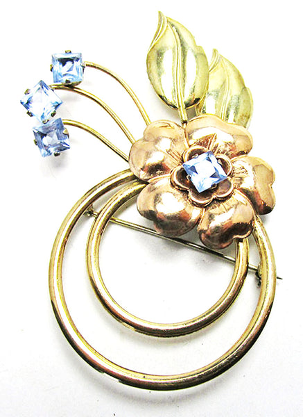 Harry Iskin 1940s Vintage Diamante Gold Filled Floral Pin and Earrings - Pin