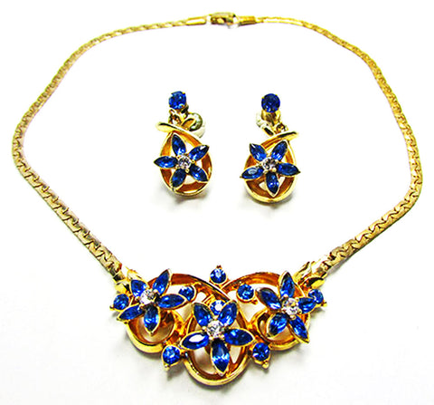 Vintage 1950s Jewelry Dazzling Sapphire Diamante Necklace and Earrings - Front