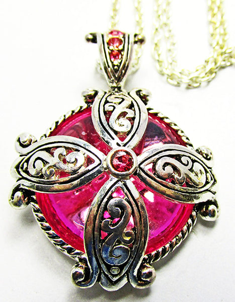 Vintage 1960s Jewelry Dramatic Hot Pink Diamante Pendant and Earrings - Centerpiece