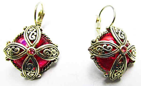 Vintage 1960s Jewelry Dramatic Hot Pink Diamante Pendant and Earrings - Earrings