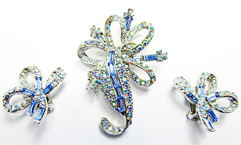 Pell 1950s Vintage Designer Diamante Ribbon Bow Pin and Earrings Set - Front