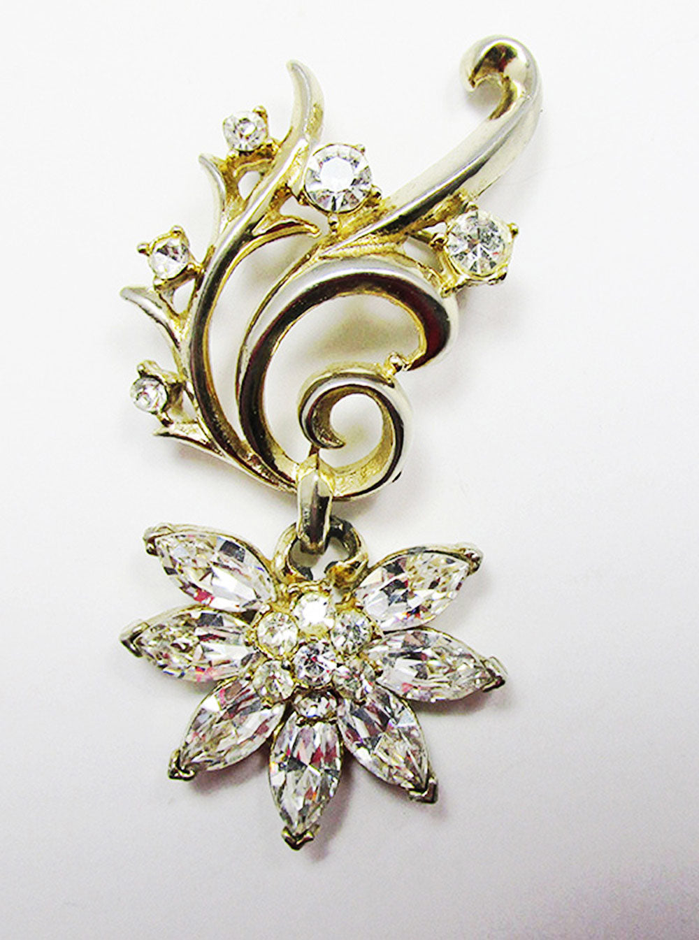 1950s Vintage Elegant Mid-Century Collectible Diamante Floral Drop Pin