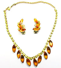 Vintage Costume Jewelry Elegant 1950s Mid-Century Citrine Diamante Set - Front - Thumbnail