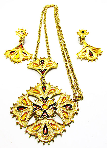 Kramer 1960s Designer Vintage Jewelry Bold Enamel Pendant and Earrings - Front