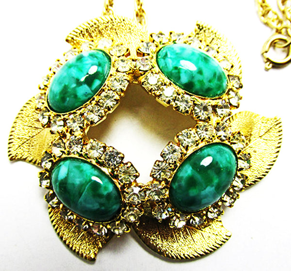 1960s Vintage Jewelry Gorgeous Jade Diamante Pendant and Earrings Set - Centerpiece