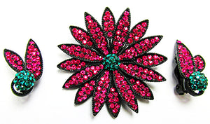 Weiss 1950s Vintage Fuchsia Diamante Floral Pin and Earrings Set - Front