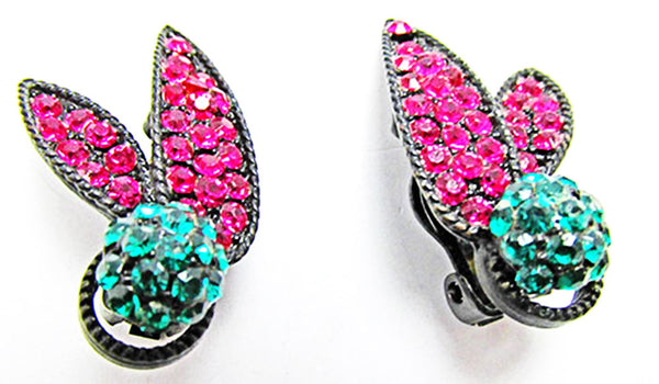 Weiss 1950s Vintage Fuchsia Diamante Floral Pin and Earrings Set - Earrings