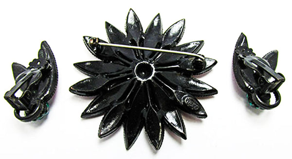 Weiss 1950s Vintage Fuchsia Diamante Floral Pin and Earrings Set - Back