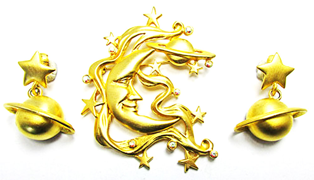 JJ Vintage Jewelry 1960s Moon, Stars, and Planets Pin and Earrings Set - Front