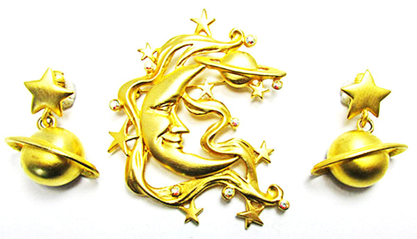 JJ Vintage Jewelry 1960s Moon, Stars, and Planets Pin and Earrings Set - Front