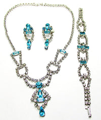 Vintage 1950s Jewelry Unique Diamante Necklace, Earrings, and Bracelet - Front - Thumbnail