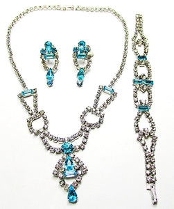 Vintage 1950s Jewelry Unique Diamante Necklace, Earrings, and Bracelet - Front
