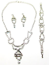 Vintage 1950s Jewelry Unique Diamante Necklace, Earrings, and Bracelet - Back - Thumbnail
