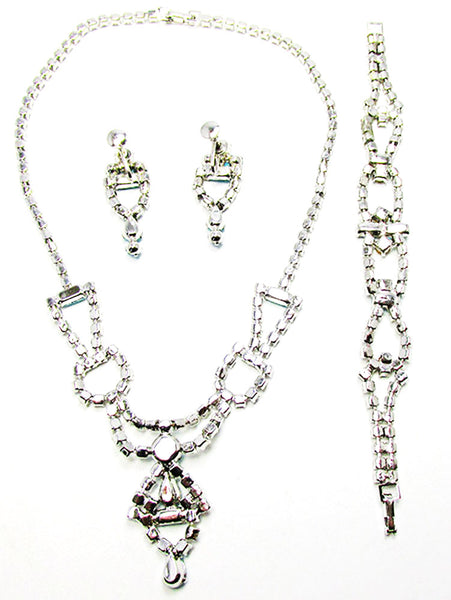 Vintage 1950s Jewelry Unique Diamante Necklace, Earrings, and Bracelet - Back
