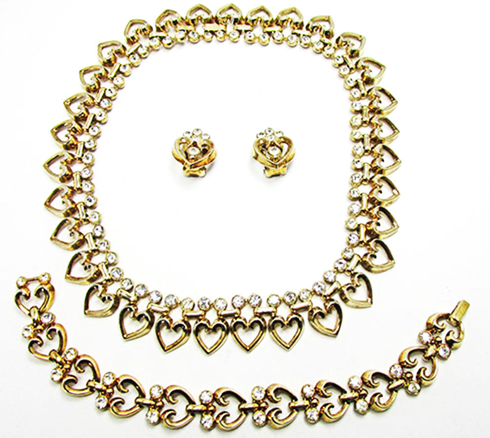 Crown Trifari 1950s Vintage Jewelry Book Piece Diamante Heart Set - Front