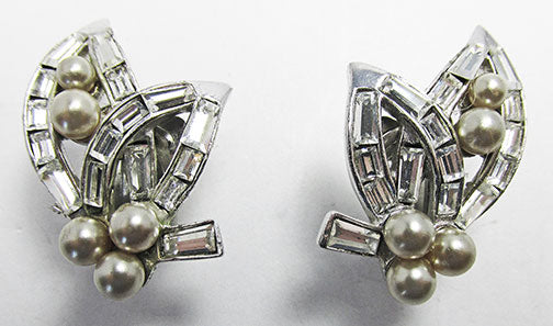 Boucher Vintage 1950s Stunning Pearl and Rhinestone Floral Earrings