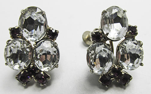 Vintage Mid Century 1950s Clear and Amethyst Rhinestone Earrings